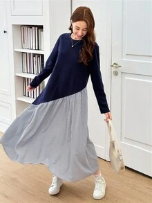 SHEIN 2件套少女针织毛衣和连衣裙套装 - 藍白色 - 查看 5