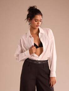 Glamine Elegant Textured Oversized Long Sleeve Women's Shirt,Minimalist Summer All White Chic Everyday Cotton Blouse Solid Button Up Drop Shoulder Top - White - View 3