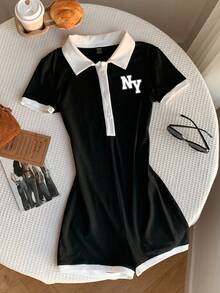 Attitoon Casual Minimalist College Style Polo Collar Contrast Color Black & White NY Letter Placement Print Pattern Women's Jumpsuit, Suitable For Early Autumn, Versatile Style, Vintage, Sexy, Cute, Y2K, Coconut Girl, Boho, Hippie, Music Festival, Suitable For Autumn/Winter