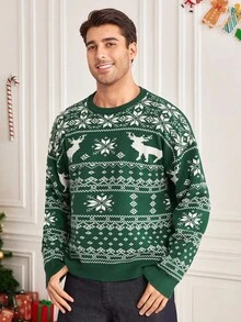 Manfinity RelaxMax Christmas Family Matching Men's Reindeer Pattern Crew Neck Long Sleeve Sweater, Autumn/Winter - Green - View 3