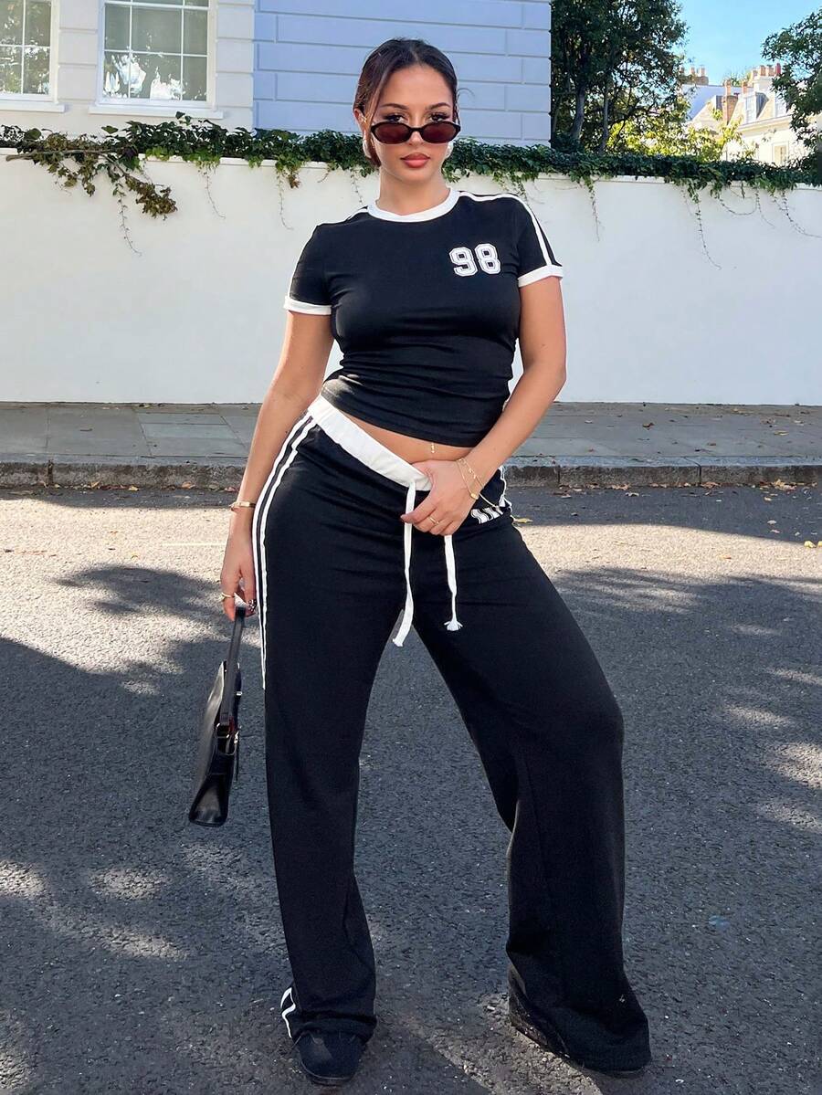 NegzBox Women's Spring & Summer Numeric Print Waist Insert Casual Sports Streetwear Retro Long Sweatpants Graduation,Back To School Outfits,Graduation,Teacher Outfits For Women,Back To School Fall Cloth For Women - Black - View 1