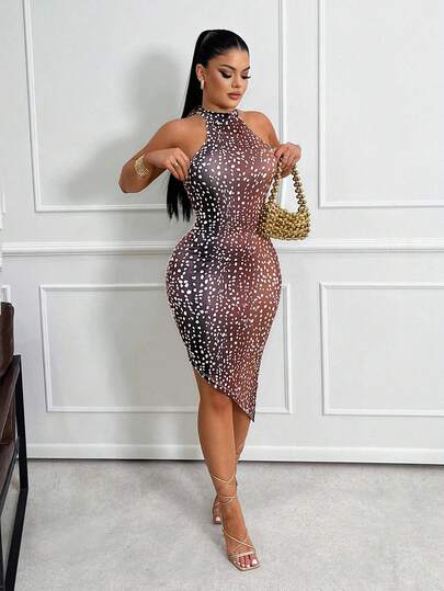 Sirith Women's Fashion Halter Neck Deer Print Sleeveless Dress Cheetah Print Leopard Print Party