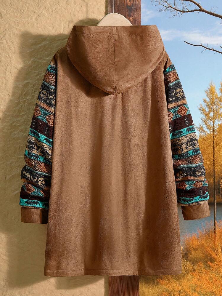 Plus Size Women Fall Casual Zip-Up Fuzzy Warm Vintage Print Patchwork Hooded Long Sleeve Coat With Pockets, Autumn/Winter,Going Out,Fall,2025 New,Casual Everyday Wear,Fall,Brown,Outerwear