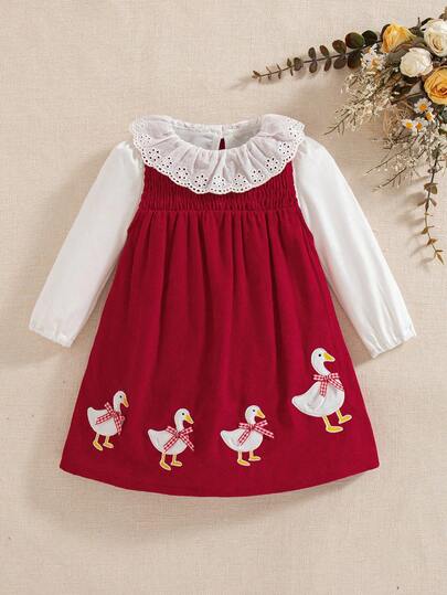 Souflis Souflis 女婴春秋新款蕾丝领长袖T恤、灯芯绒背心、五星刺绣可爱小鸭裙、2件套甜美服装套装