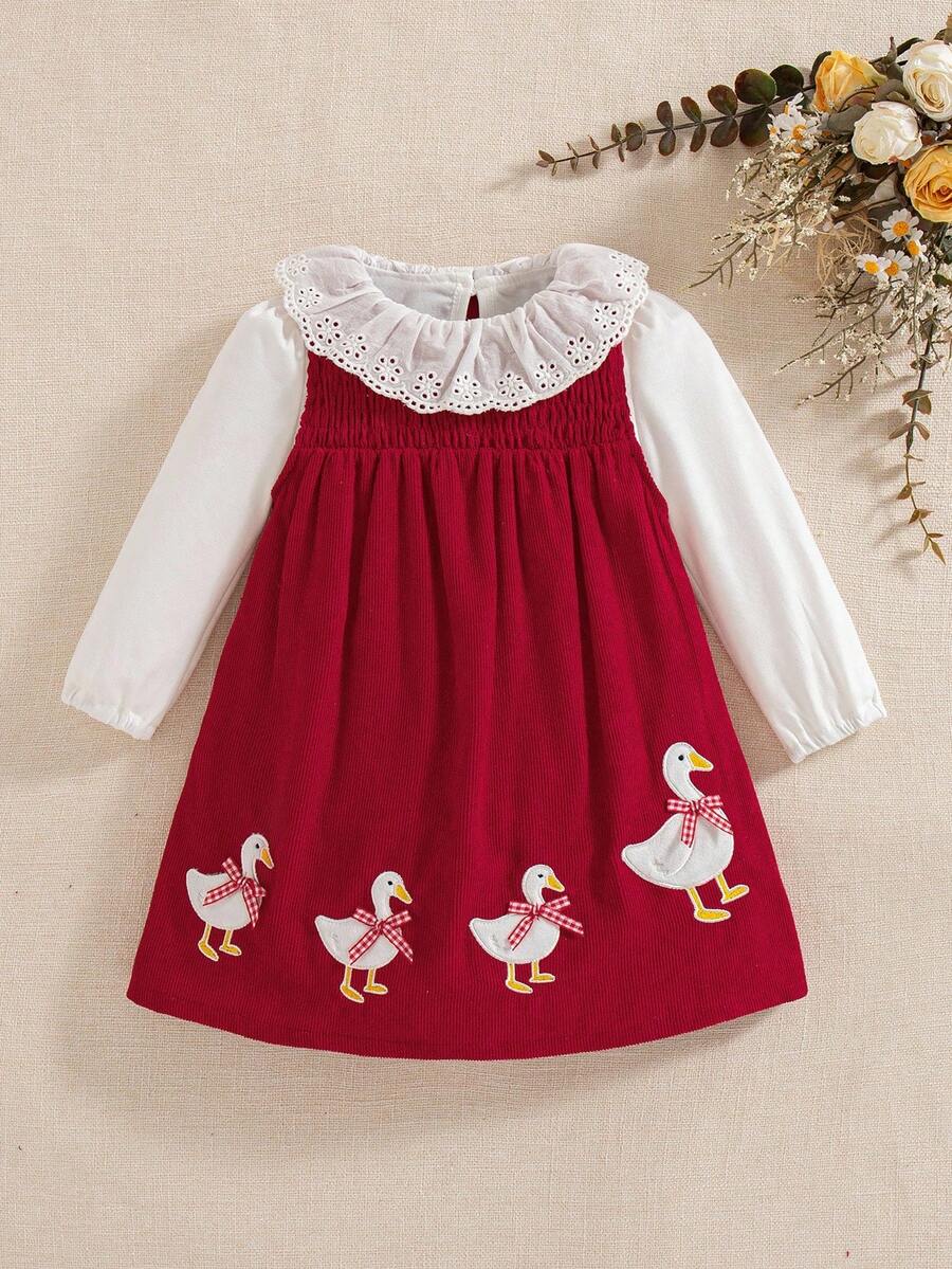 Souflis Souflis 1Pc Baby Girls Cute 2 In 1 Dress, Lace Ruffle Collar, Duck Applique Embroidery, Long‑Sleeve Smocked A‑Line Dress For Party &Photo, Spring&Fall