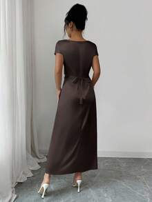 Rafferiza Women's Elegant Date/Commute Turtleneck Tie-Up Satin Short Sleeve Dress