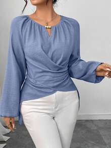 Elenzga 女式串珠裹身式束腰衬衫，秋冬 - 霧霾藍 - 查看 5