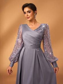 Serin 女士优雅奢华灰色闪亮串珠亮片装饰缎面长袖交叉 V 领褶皱 A 字下摆新娘母亲婚礼宾客派对礼服 - 灰色 - 查看 6