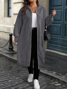 EMERY ROSE 秋季大码女式字母印花落肩长袖拉链长款休闲连帽外套 - 灰色 - 查看 6