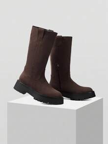 Minimalana botas marrom estilo britânico vintage de cano médio para mulheres, botas de motociclista, acabamento desgastado, efeito adelgaçante