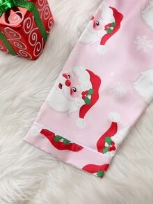 Young Girl Cute Santa Claus Print Satin Girls Pajamas, For Christmas - Multicolor - View 7