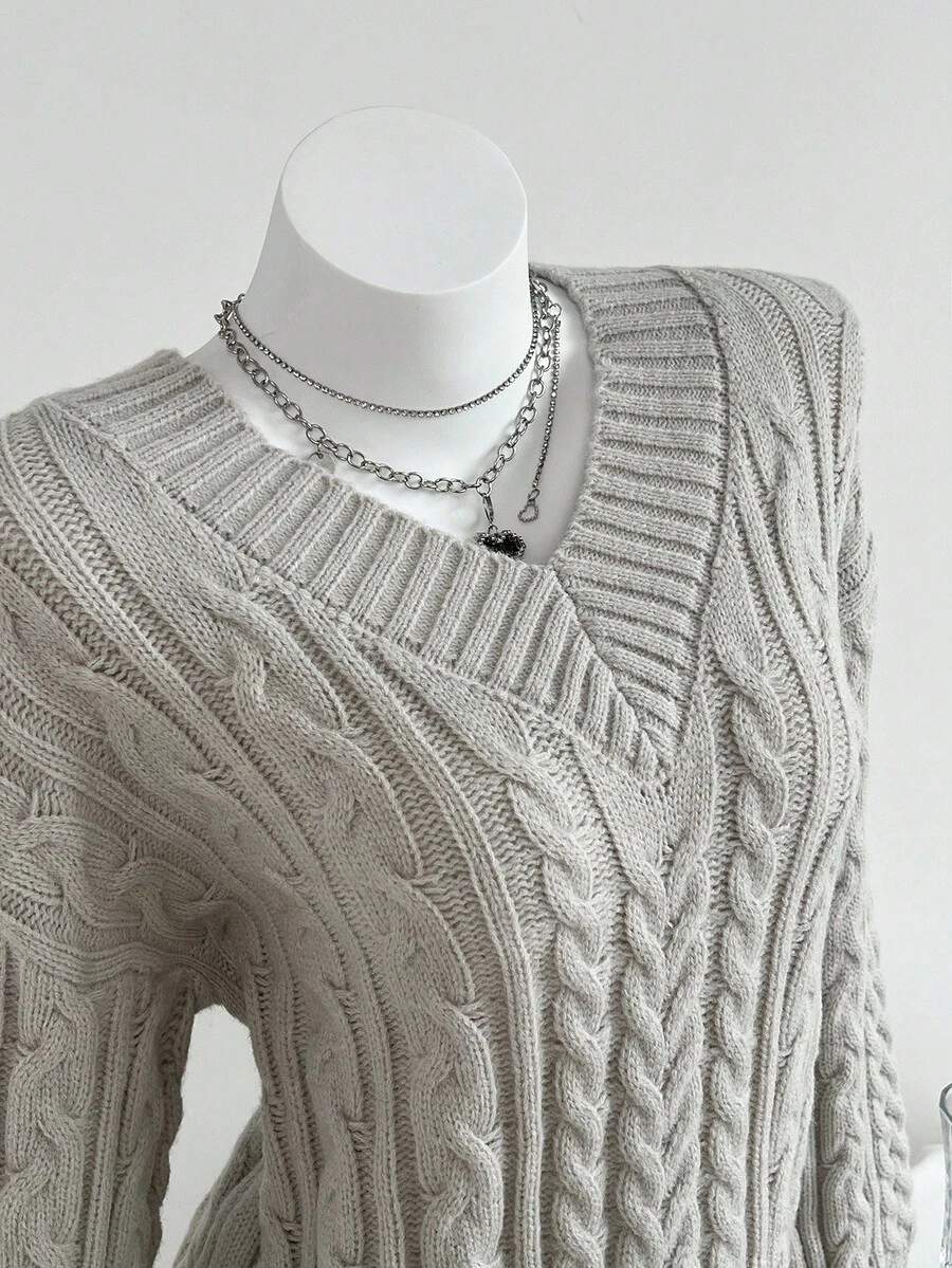 Elamini Women's Apricot V-Neck Lantern Sleeve Twist Rope Cable Knit Sweater Top, Fashionable For Autumn/Winter - Apricot - View 1