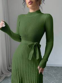 Rafferiza 女式纯色立领长袖系带优雅简约 A 字针织连衣裙，秋冬 - 軍綠色 - 查看 6