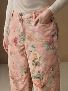 Anewsta Quần jean ống đứng màu hồng in họa tiết cổ điển dành cho nữ - Hồng - Xem 4