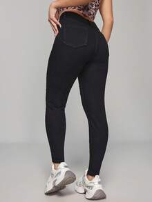 SHEIN PETITE Lässige vielseitige einfarbige Jeans mit Distressed-Effekt in Slim Fit für zierliche Frauen - Schwarz - Übersicht 2