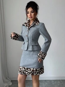Elenzga Women's Pink And Grey Woolen Two Pieces Skirt Set,Autumn Elegant Work Lapel Long Sleeve Top & Bodycon Skirt,Leopard Print Fur Collar Cuff,2pcs Set - Grey - View 6