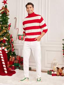Manfinity RelaxMax Men's Striped Turtleneck Long Sleeve Sweater, Christmas Family Set - Red - View 4