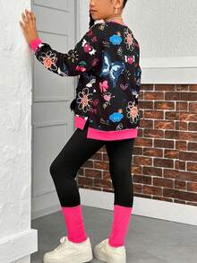 Tween Girls Casual Graffiti Colorblock Loose Fit Sweatshirt + Patchwork Leggings 2-Piece Set - Black - View 1