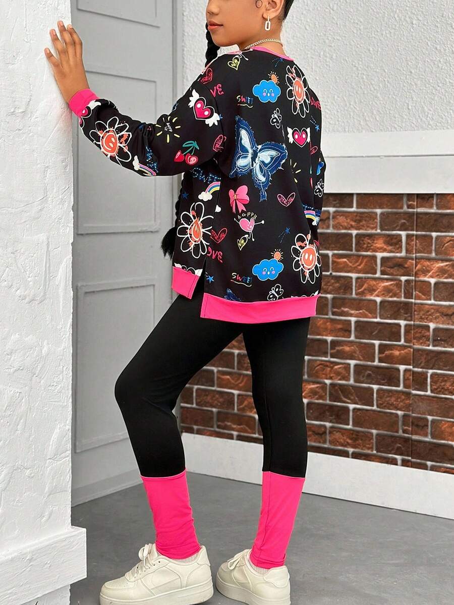 Tween Girls Casual Graffiti Colorblock Loose Fit Sweatshirt + Patchwork Leggings 2-Piece Set - Black - View 1
