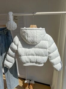 1 pieza Abrigo con capucha con estampado floral texturizado para adolescentes, color blanco sólido, manga larga, informal, adecuado para el invierno - Blanco - Ver 2