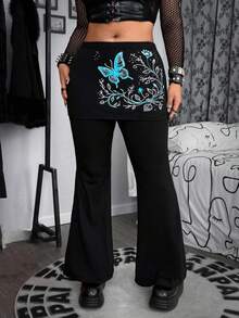 Whyspr Grunge Punk Vintage Romantic Waistband Print Slim Fit Flare Pants, Halloween - Black - View 5