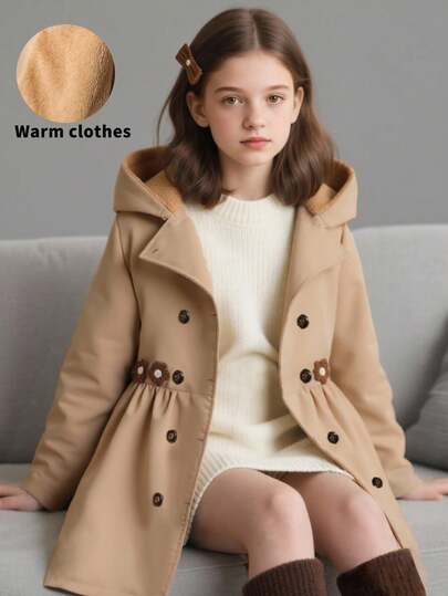 SHEIN 女童中长款连帽休闲羊毛夹克，冬季