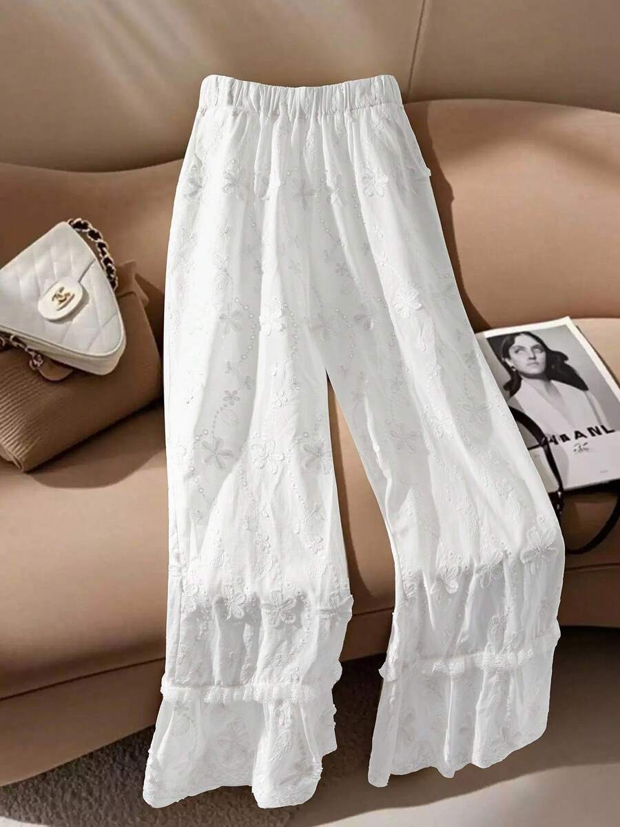 Regalyn 大码女式休闲刺绣镂空荷叶边下摆阔腿裤