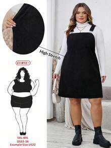 SHEIN CURVE+ Plus-Size Women's Large-Size Early Autumn Corduroy Dress With Suspenders, Spring And Autumn Black Short Skirt, Casual Basic Dress With Suspenders