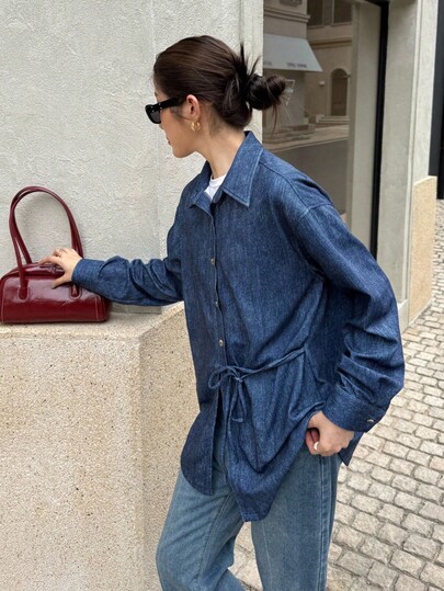 K-Vae Camisa suelta de manga larga de imitación de mezclilla para mujer, camisa con lazo, camisa para uso diario en todas las estaciones, ropa para Año Nuevo