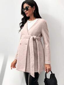 MaterniWear Maternity Work Fall,Autumn Solid Color Double-Breasted Long Sleeve Belted Casual Coat, Autumn/Winter - Pink - View 2