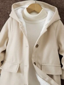 Sparklyn Young Boy Casual Versatile Dragon & Phoenix Pattern Thickened Faux Fur Lined Hooded Mid-Length Overcoat