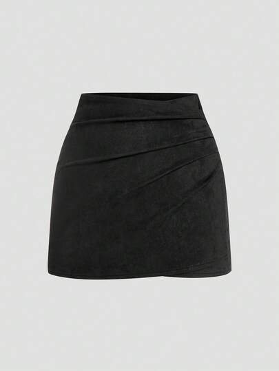 Lyrianda Brun plisserad asymmetrisk kort mockakjol med dekorativ dragkedja baktill, minimalistisk pendlarmodell, plus size, höst/vinter