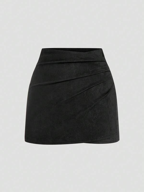 Sweetra Brown Pleated Asymmetric Decorative Zipper Back Suede Fuzzy Short Skirt, Minimalist Commuter Style, Plus Size, Autumn/Winter