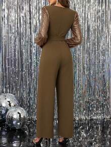 Gownix Women's Elegant Sequin Lantern Sleeve Surplice Neck Belted Jumpsuit, Suitable For Party In Autumn/Winter - Coffee Brown - View 2