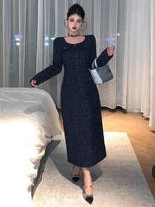 DAZY 女士优雅粗花呢翻盖细节长裙，秋季舞会礼服