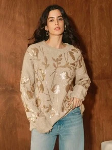 Anewsta 优雅时尚花卉亮片装饰圆领套头衫女式毛衣 - 淺灰色 - 查看 3
