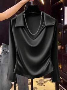 Lacomfia Plus Size Women Satin V-Neck Long Sleeve Ruched Waist Stretchy Elegant Blouse - Black - View 1