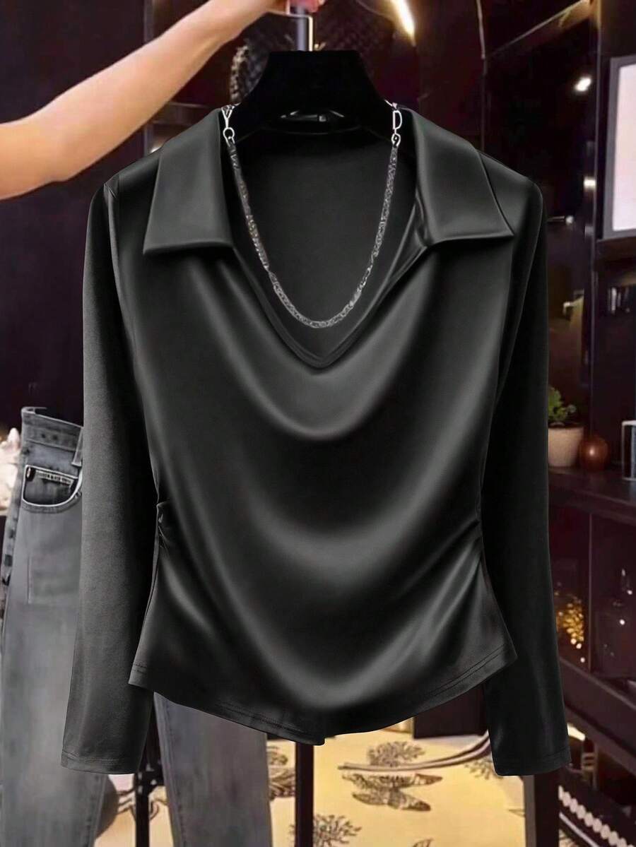 Lacomfia Plus Size Women Satin V-Neck Long Sleeve Ruched Waist Stretchy Elegant Blouse - Black - View 1