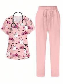 PopScrub 2 件套女士万圣节可爱粉色南瓜、卡通幽灵数码印花护士服上衣和裤子套装