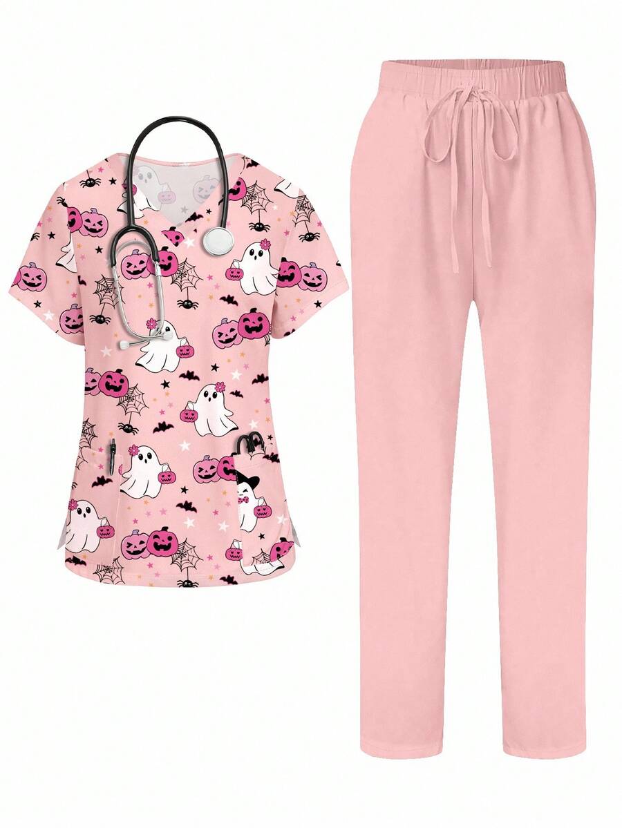 PopScrub 2 件套女士万圣节可爱粉色南瓜、卡通幽灵数码印花护士服上衣和裤子套装