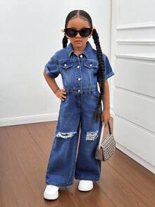SHEIN Young Girl Blue Denim Ripped Shirt-Style One-Piece Trousers, A And Cool Street Look - Dark Wash - View 4