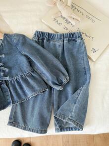 LMoss Kids 2件套女婴蓝色牛仔宽松上衣和阔腿裤套装 - 淺色水洗藍 - 查看 4