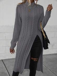 EMERY ROSE Casual Solid Color Stand Collar High Slit Sweater, Autumn/Winter - Dark Grey - View 6