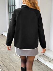 Chiquease Best-Selling French Retro Coat: Black Short Tweed Coat With White Contrast Trim, Standing Collar, Double-Breasted Buttons, Raglan Sleeves And Faux Pockets. Slim And Elegant, It's Perfect For The Office And Suitable For Various Occasions. A Versatile And Stylish Outerwear For Women In Autumn And Winter. - Black - View 2