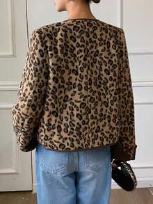 Livesso Women's Elegant Loose Jacket With Animal Print, Thermal Lining, Color Blocking, Suitable For Business Casual, New Year, Christmas, Autumn/Winter Leopard Print Women Coats - Brown - View 6