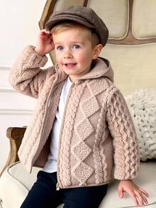 PrepCrw 1pc Young Boys Elegant Urban Versatile Comfortable Thermal Lined Warm Khaki Diamond Pattern Hooded Loose Jacket, Suitable For Casual, Outings, Gatherings, Christmas, Autumn, Winter Young Boys Hooded Zip Up Cover Up Fall Sweaters Young Boys Cardigans For Young Boys Sweaters With Hoodie Toddler Winter Clothes - Khaki - View 2