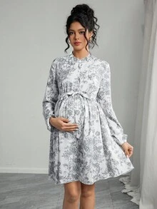 SHEIN Maternity Long Sleeve Stand Collar Half-Placket Front Button Waist Belt A-Line Dress, Digital Print - Multicolor - View 5