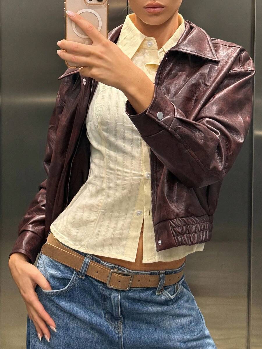 SHEIN EZwear 女款純色棕色拉鍊PU皮革街頭時尚長款冬季外套哥德風夾克 - 咖啡棕 - 查看 1