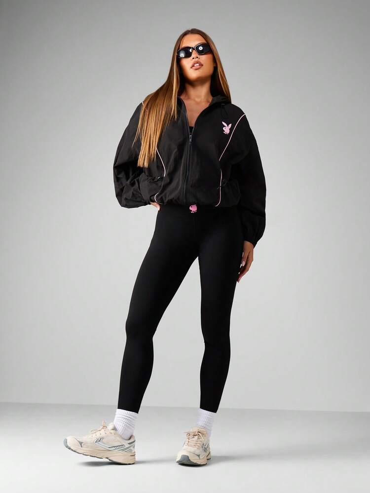 Missguided x Playboy Oversized Zip Up Hoodie Windbreaker Jacket With Hood And Pockets For Layering