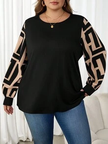 SHEIN CURVE+ 大色块图案拼接灯笼袖休闲宽松女上衣，装扮秋冬 - 彩色 - 查看 4
